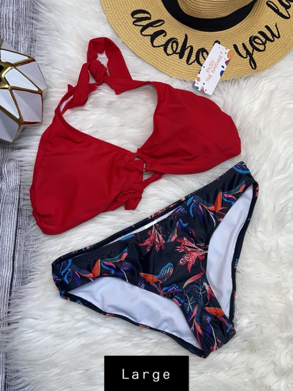 Red Halter Bikini Top with Tropical Print Bottoms